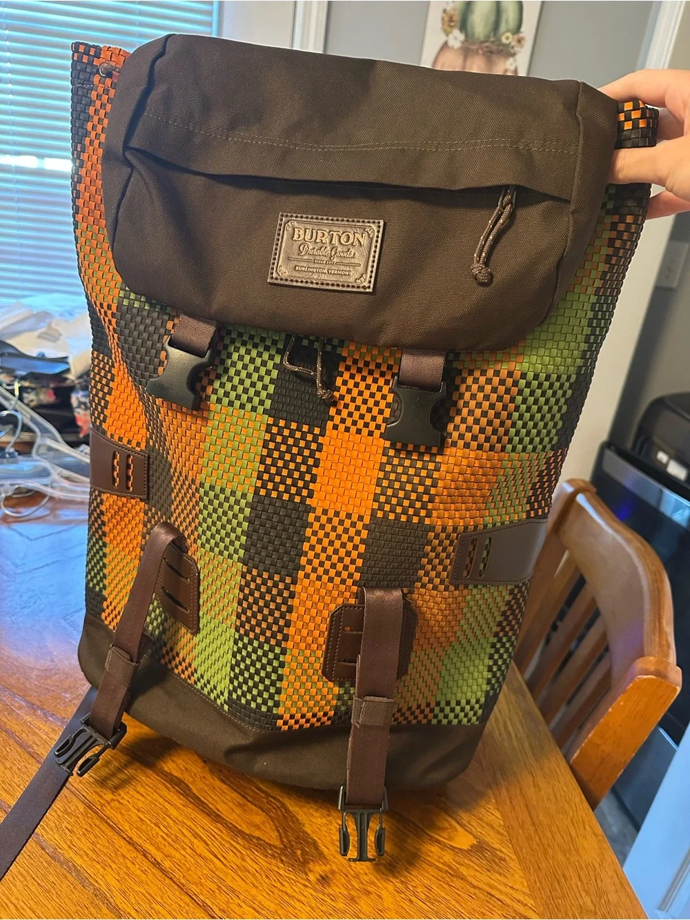 Burton Checker Roll-Top Backpack in Green, Orange & Black